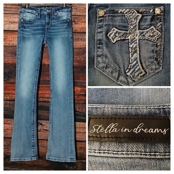Stella In Dreams Jeans 5 27 Mid Rise Boot Cut Embellished Blue Denim Stretch - Picture 1 of 11